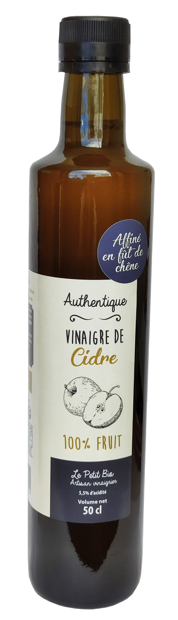 Vinaigre de Cidre de Normandie (de pommes) BIO, vieilli en fût de Chêne,  issu de l'agriculture biologique 100 % pur cidre