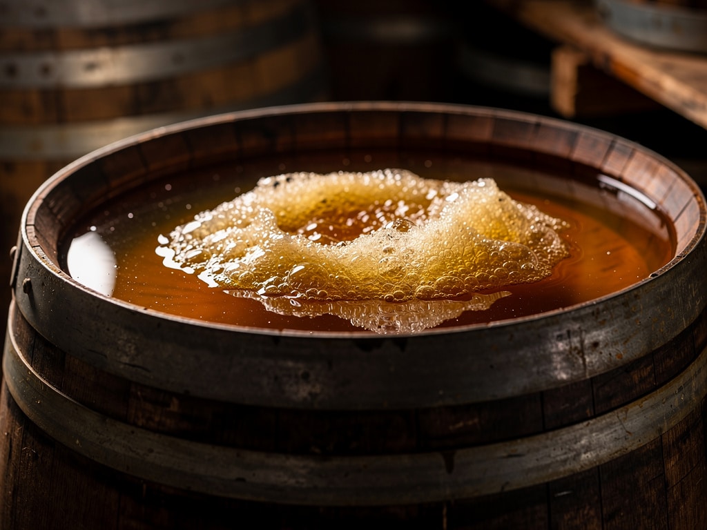 Mère de vinaigre dans un fût de chêne pour une fermentation naturelle et artisanale