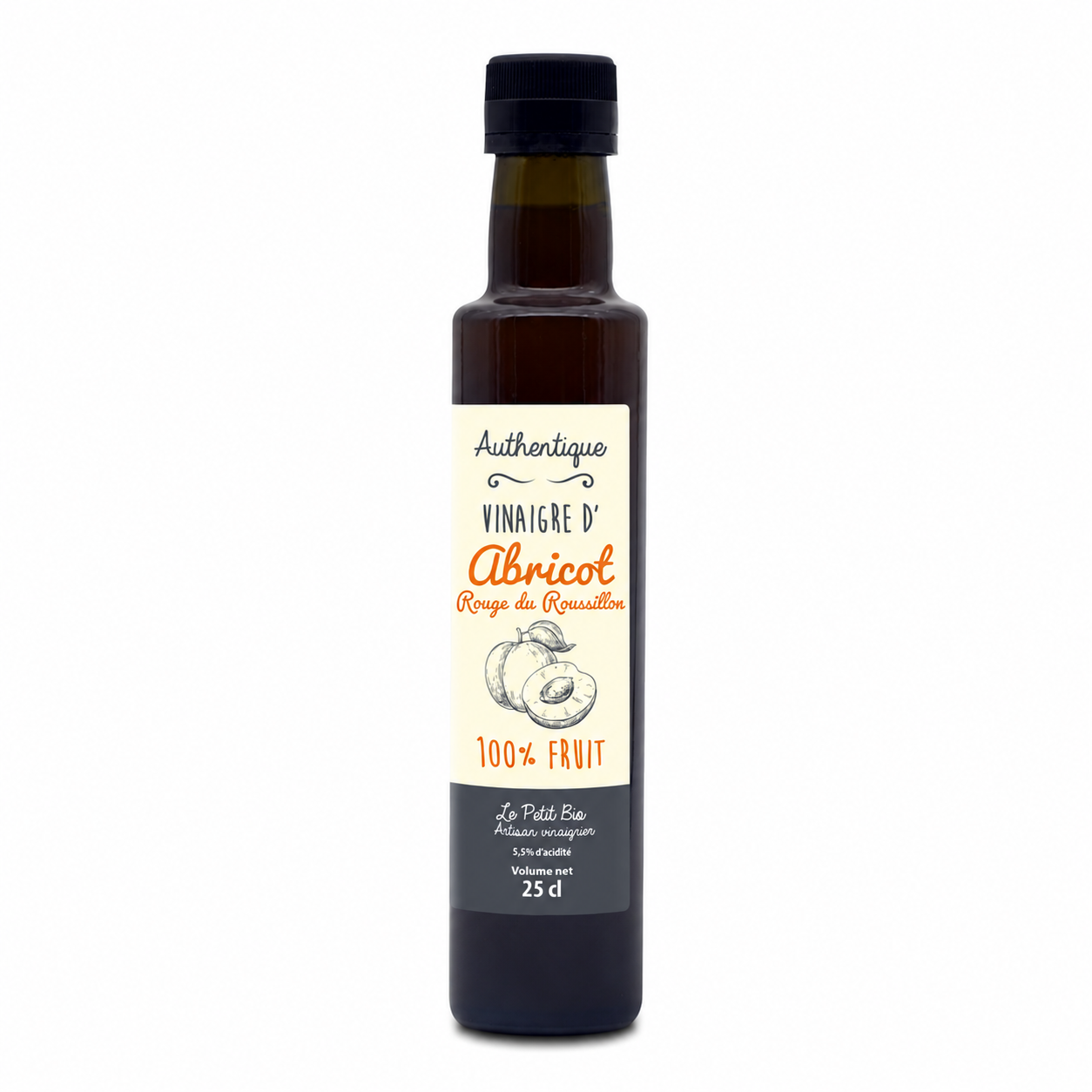 Abricot new typo fond blanc Bouteille de vinaigre d'abricot bio