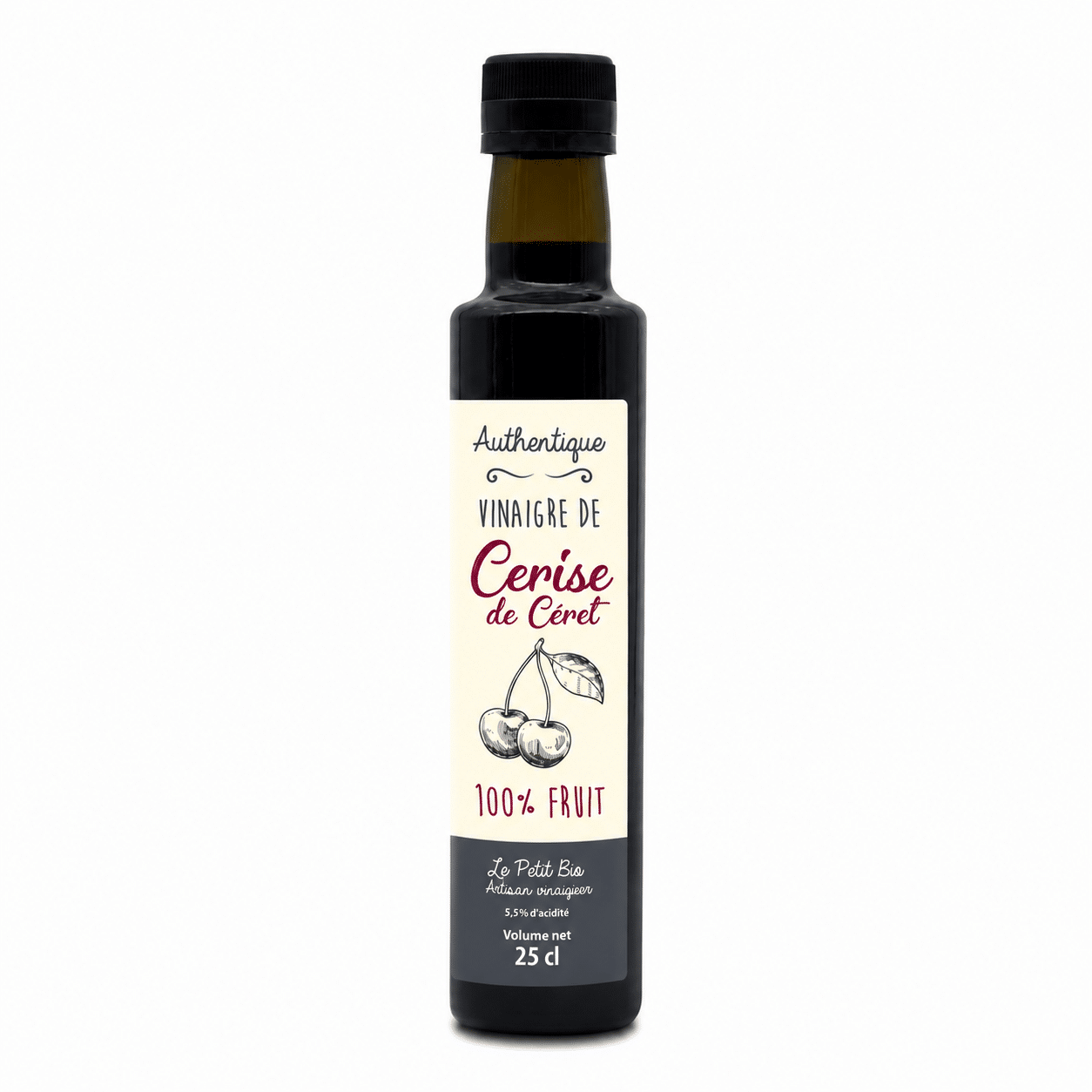 Cerise new typo fond blanc Bouteille de vinaigre de cerise Ceret