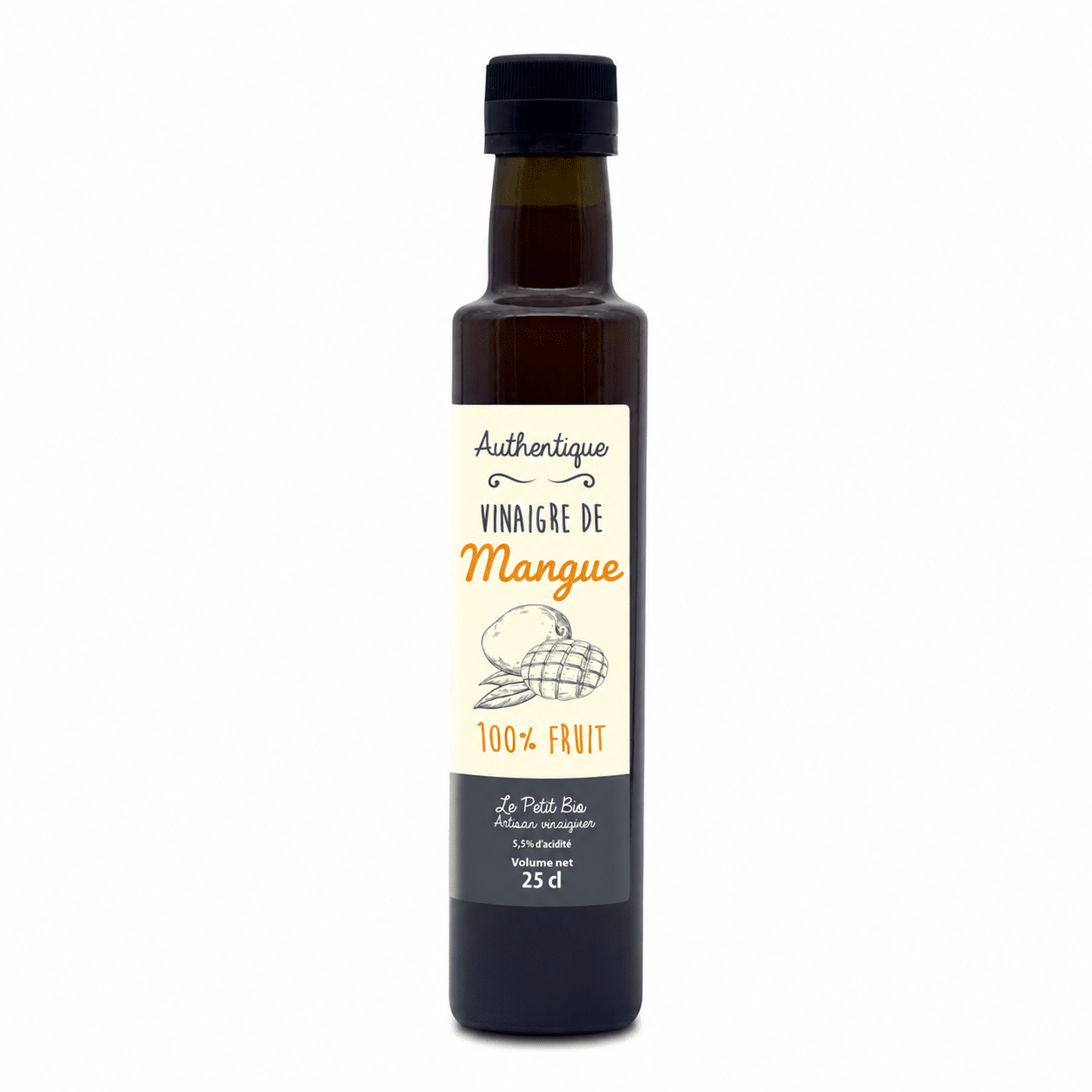 Mangue new typo fond blanc Bouteille de vinaigre de mangue artisanale