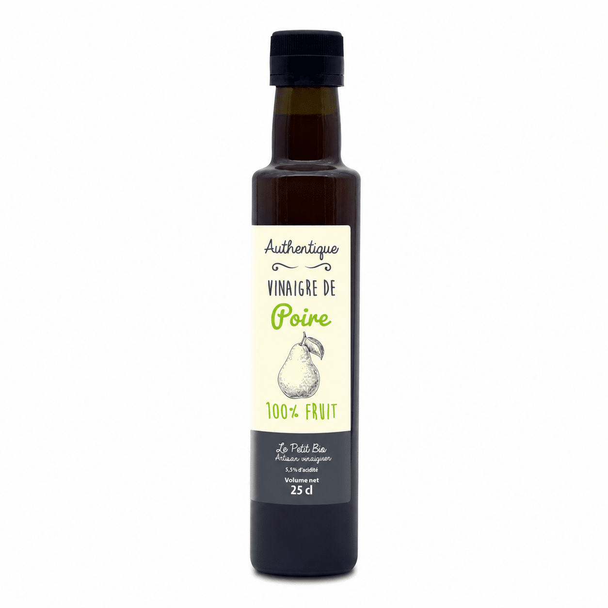 Poire new typo fond blanc Bouteille de vinaigre de poire artisanale